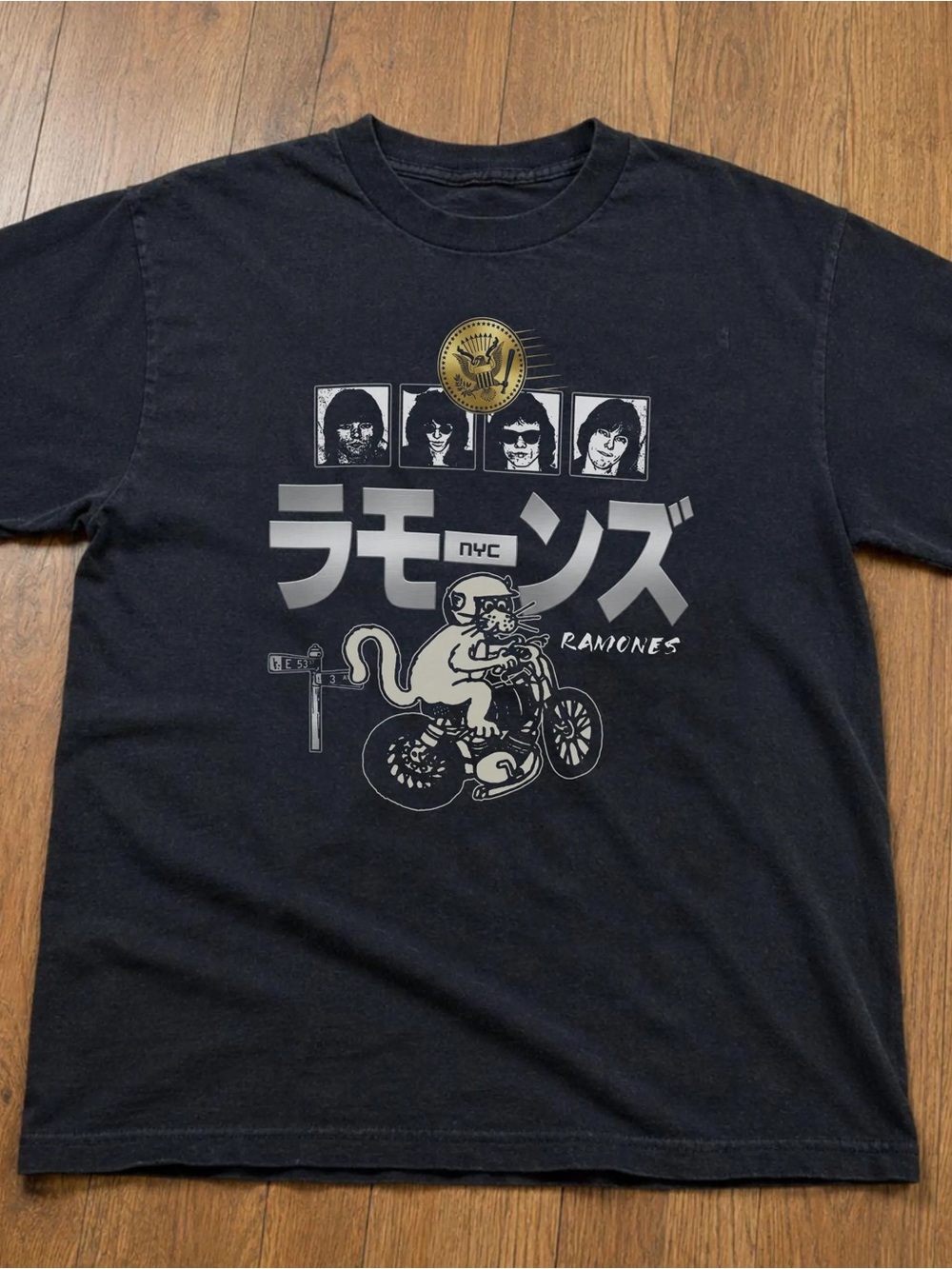Motorcycle Cat Ramones NYC Shirt, Punk Rock Graphic Tee - Black